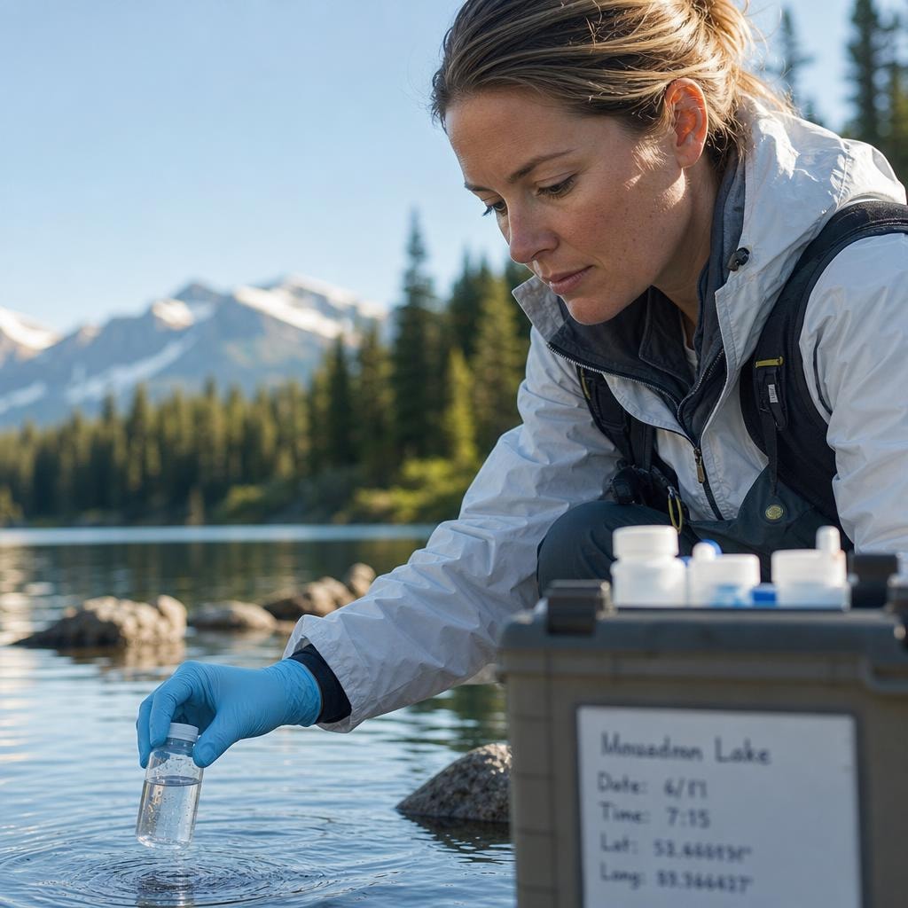 Environmental scientist collecting water samples at a mountain lake