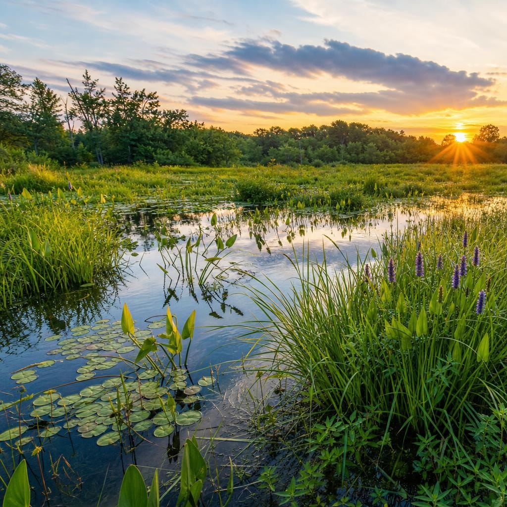 Serene wetland landscape at sunset with lily pads